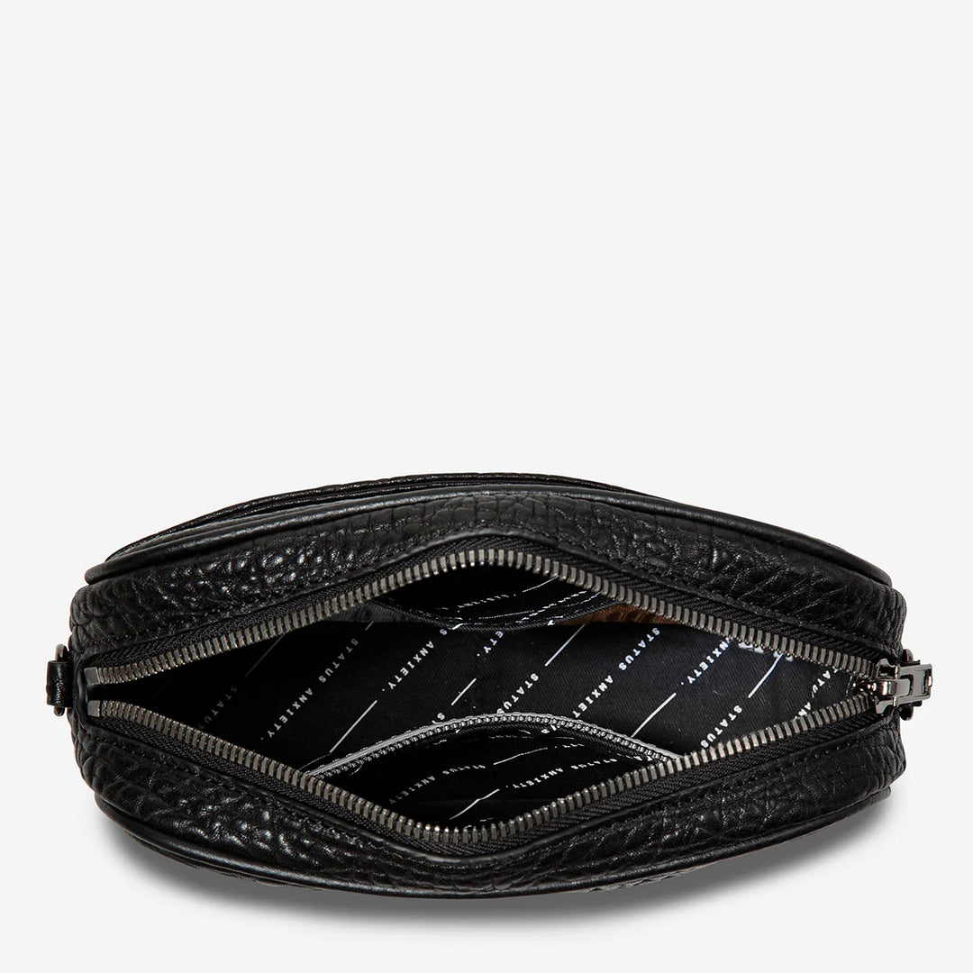 STATUS ANXIETY Womens Plunder Leather Bag with Webbed Strap - Black Bubble, WOMENS BAGS & CLUTCHES, STATUS ANXIETY, Elwood 101