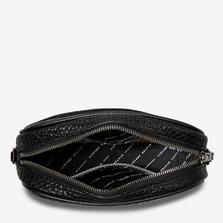 STATUS ANXIETY Womens Plunder Leather Bag with Webbed Strap - Black Bubble, WOMENS BAGS & CLUTCHES, STATUS ANXIETY, Elwood 101
