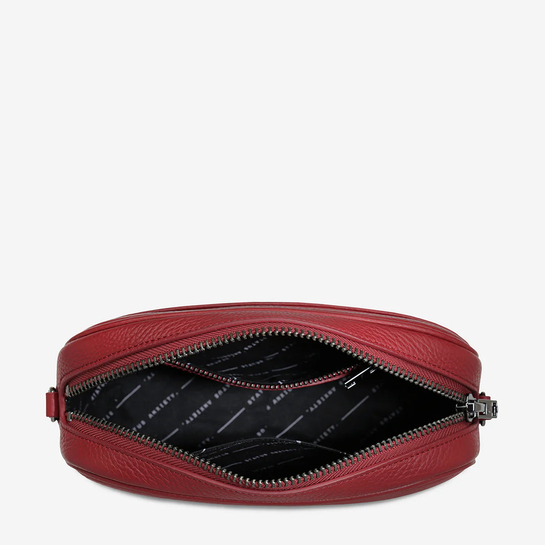 STATUS ANXIETY Womens Plunder Leather Bag with Webbed Strap - Rouge, WOMENS BAGS & CLUTCHES, STATUS ANXIETY, Elwood 101