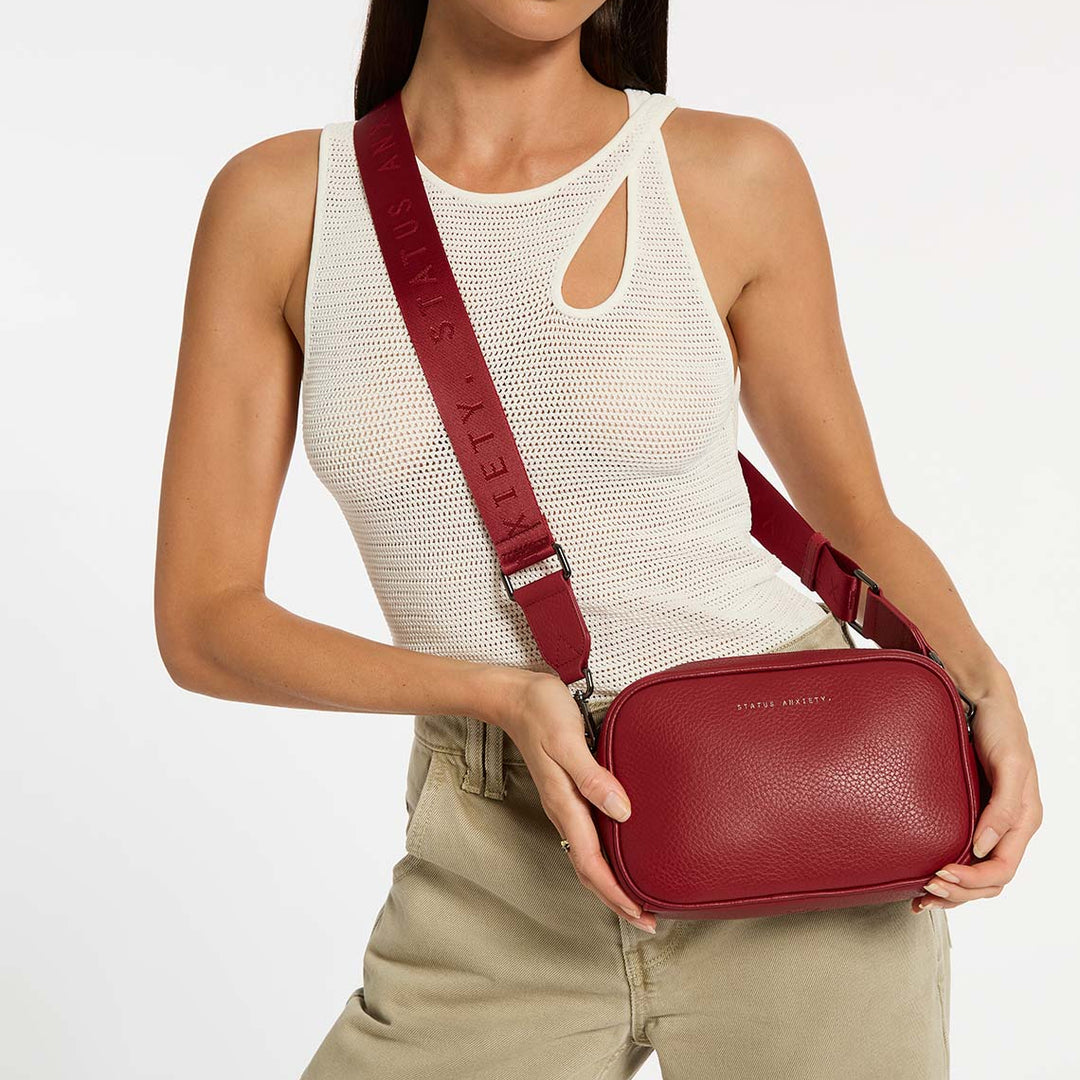 STATUS ANXIETY Womens Plunder Leather Bag with Webbed Strap - Rouge, WOMENS BAGS & CLUTCHES, STATUS ANXIETY, Elwood 101