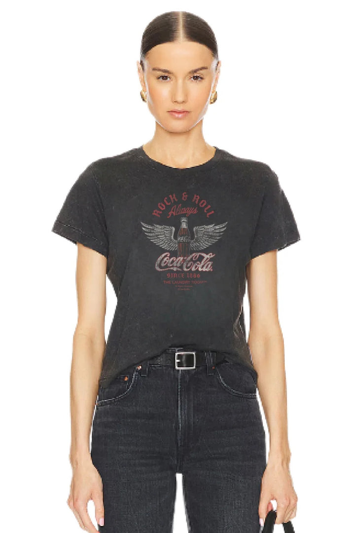 THE LAUNDRY ROOM Womens Coca Cola Rock n Roll Perfect Tee in Black Snow, WOMENS TEES & TANKS, THE LAUNDRY ROOM, Elwood 101