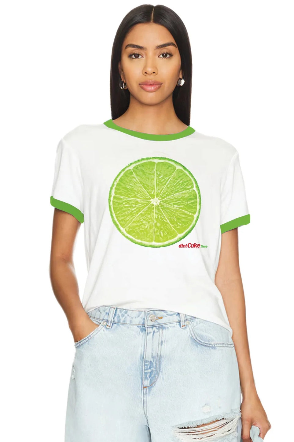 THE LAUNDRY ROOM Womens Diet Coke Lime Flavour Perfect Ringer Tee in White & Lime, WOMENS TEES & TANKS, THE LAUNDRY ROOM, Elwood 101