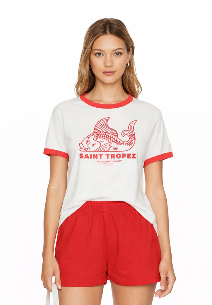 THE LAUNDRY ROOM Womens Saint Tropez Perfect Ringer Tee in White & Red
