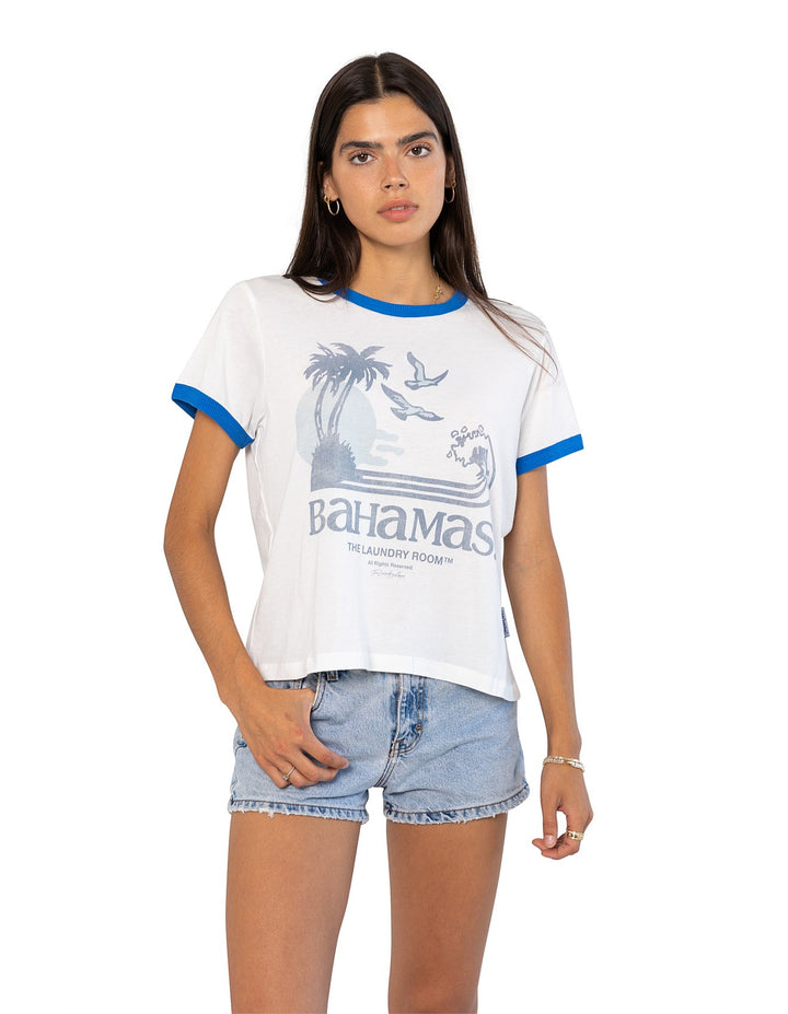 THE LAUNDRY ROOM Womens Bahamas Sunset Perfect Ringer Tee in White & Blue