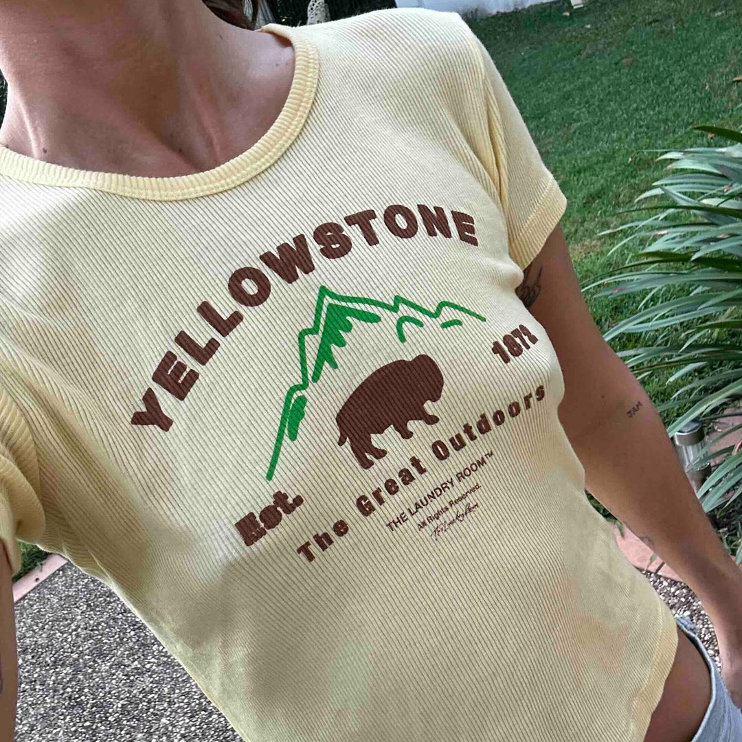 THE LAUNDRY ROOM Womens Yellowstone Bison Baby Tee Tee - Old Gold, WOMENS TEES & TANKS, THE LAUNDRY ROOM, Elwood 101