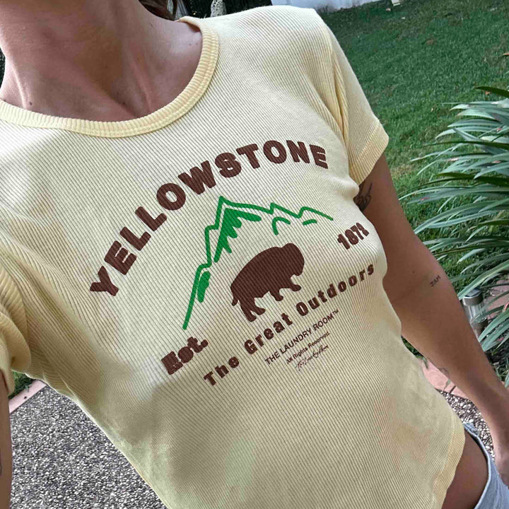 THE LAUNDRY ROOM Womens Yellowstone Bison Baby Tee Tee - Old Gold, WOMENS TEES & TANKS, THE LAUNDRY ROOM, Elwood 101