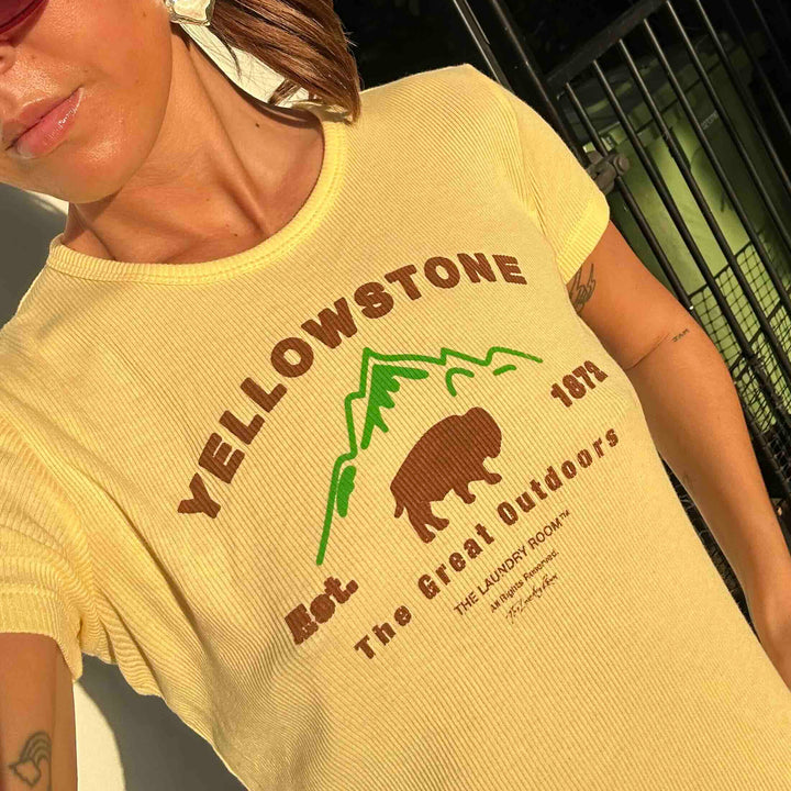 THE LAUNDRY ROOM Womens Yellowstone Bison Baby Tee Tee - Old Gold, WOMENS TEES & TANKS, THE LAUNDRY ROOM, Elwood 101