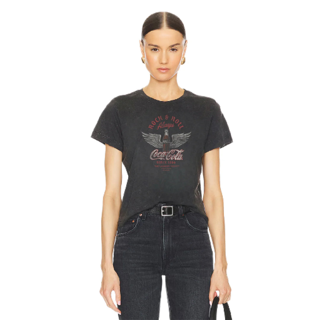 THE LAUNDRY ROOM Womens Coca Cola Rock n Roll Perfect Tee in Black Snow, WOMENS TEES & TANKS, THE LAUNDRY ROOM, Elwood 101