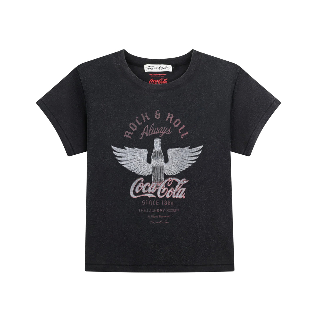 THE LAUNDRY ROOM Womens Coca Cola Rock n Roll Perfect Tee in Black Snow, WOMENS TEES & TANKS, THE LAUNDRY ROOM, Elwood 101
