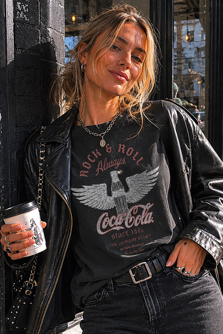 THE LAUNDRY ROOM Womens Coca Cola Rock n Roll Perfect Tee in Black Snow, WOMENS TEES & TANKS, THE LAUNDRY ROOM, Elwood 101