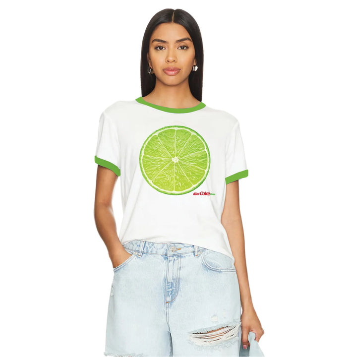 THE LAUNDRY ROOM Womens Diet Coke Lime Flavour Perfect Ringer Tee in White & Lime, WOMENS TEES & TANKS, THE LAUNDRY ROOM, Elwood 101