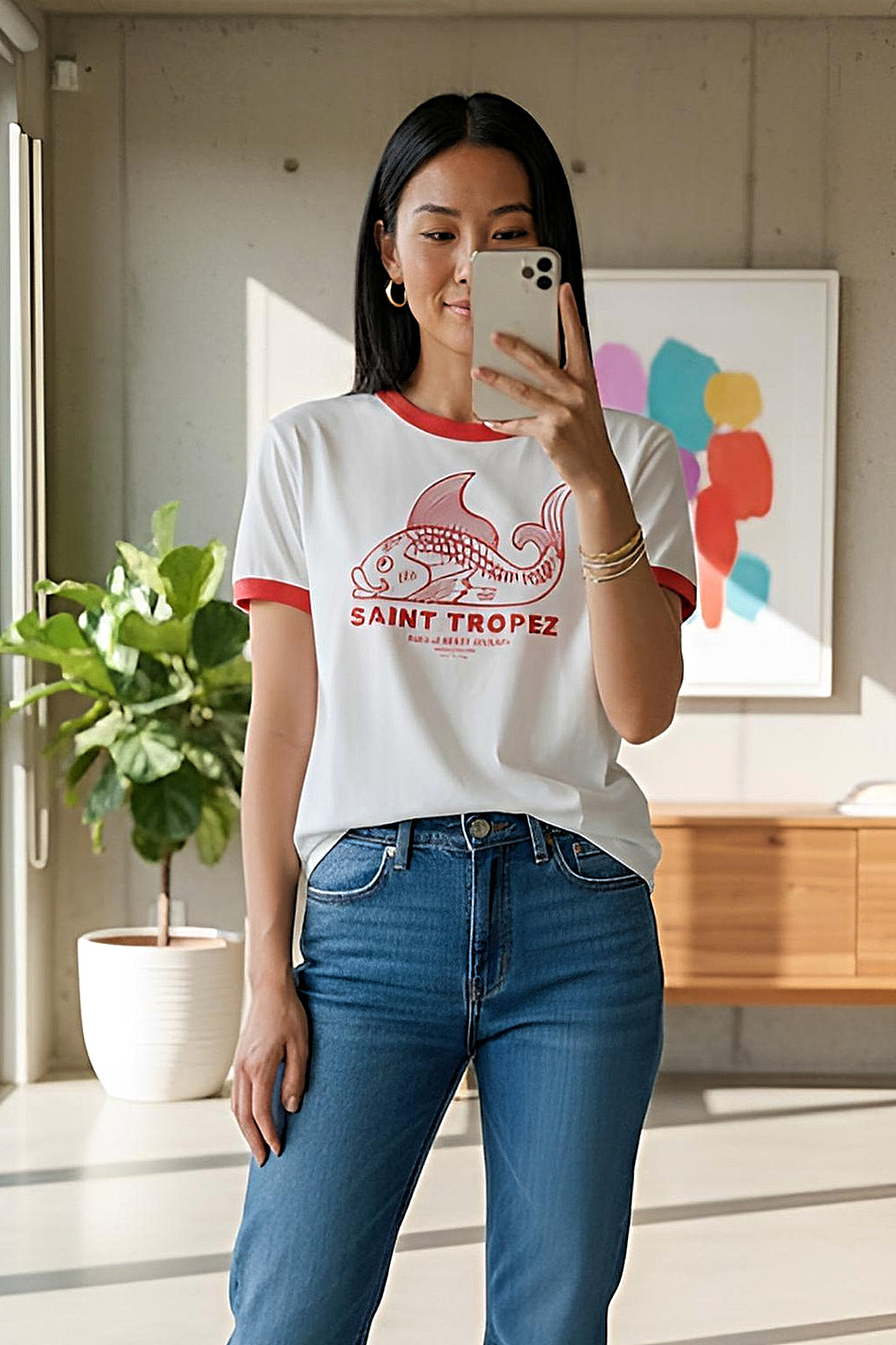 THE LAUNDRY ROOM Womens Saint Tropez Perfect Ringer Tee in White & Red