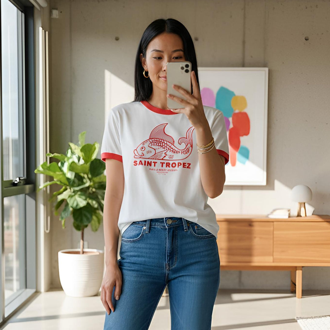 THE LAUNDRY ROOM Womens Saint Tropez Perfect Ringer Tee in White & Red
