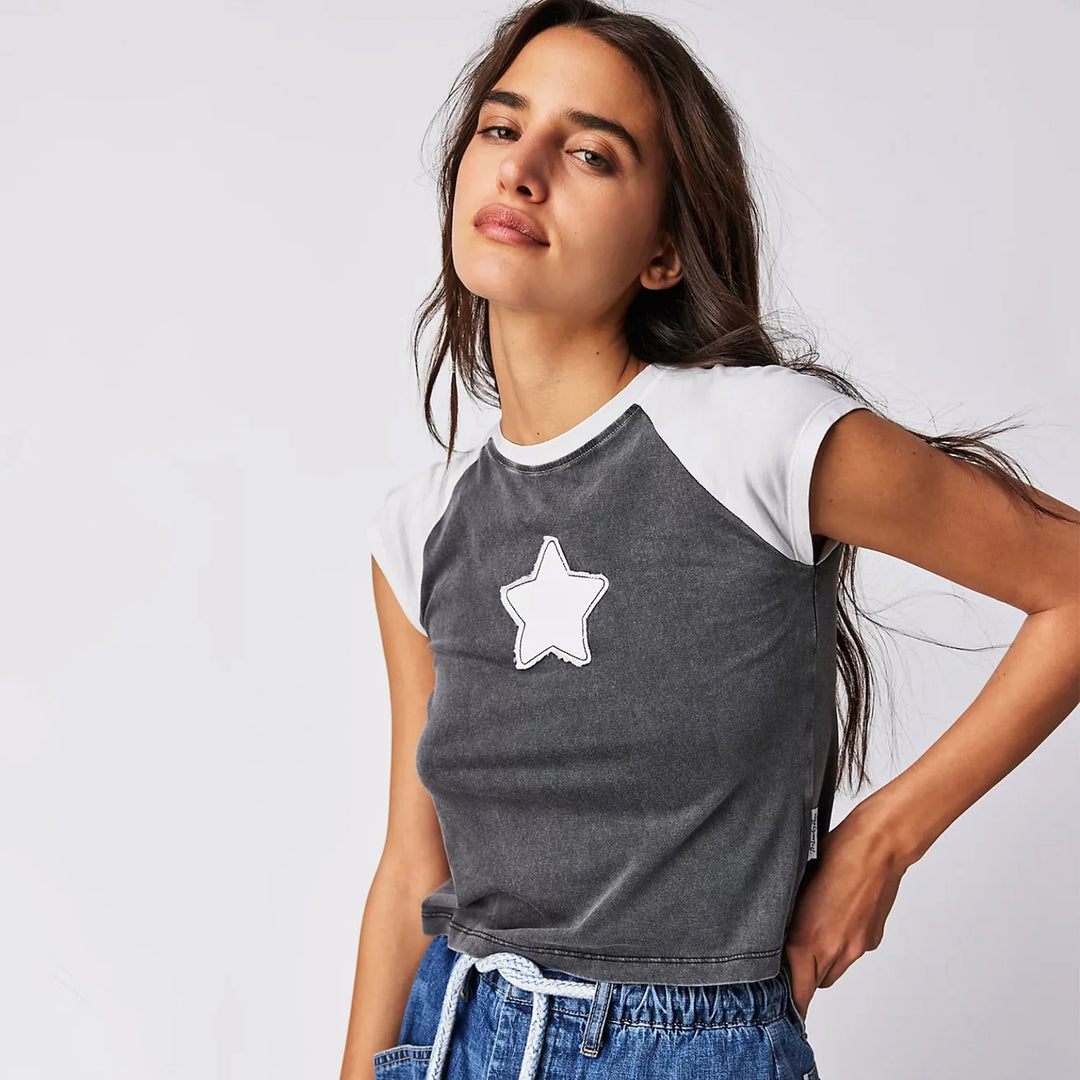 THE LAUNDRY ROOM Womens Stardom Raglan Baby Tee - Black & White, WOMENS TEES & TANKS, THE LAUNDRY ROOM, Elwood 101