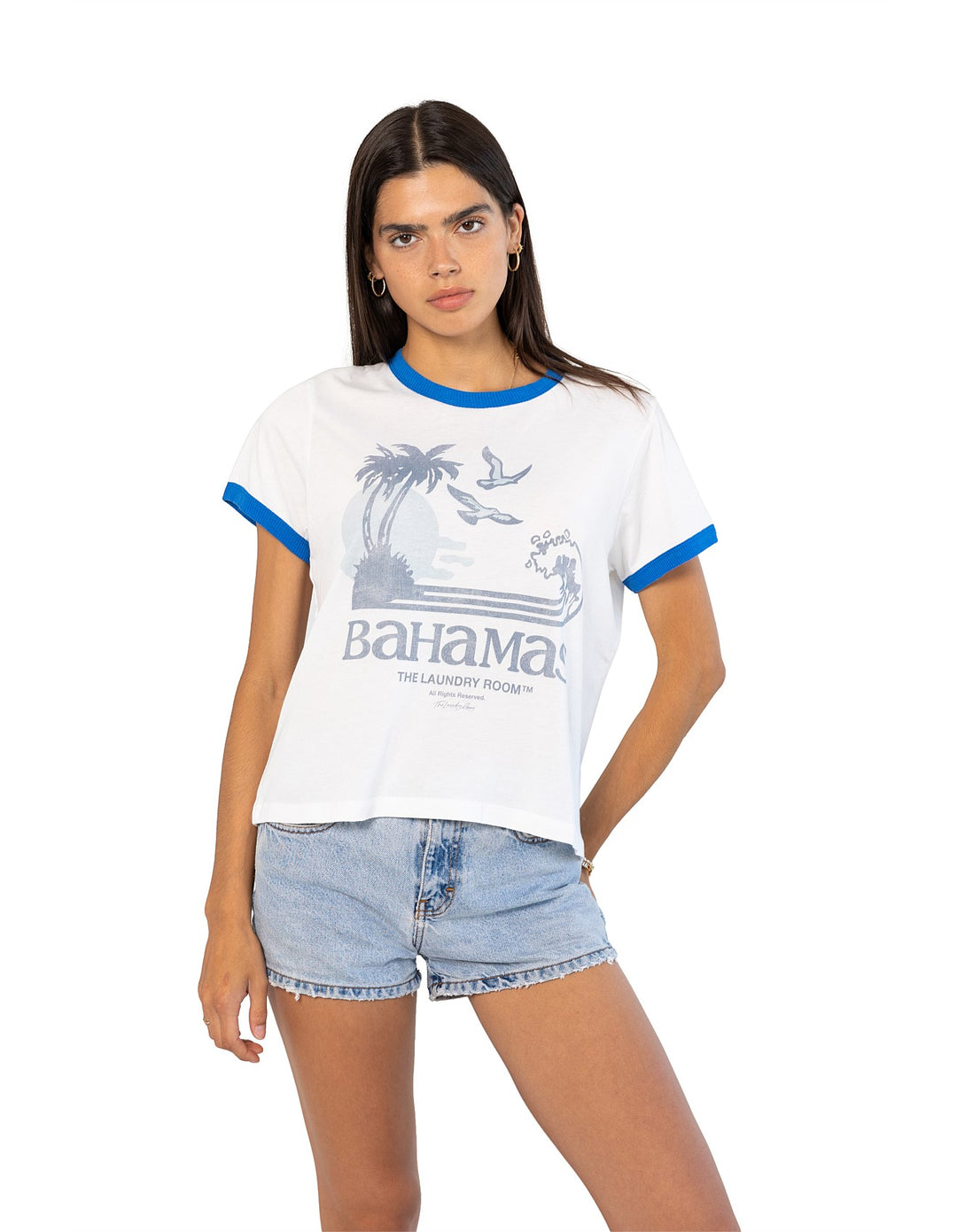 THE LAUNDRY ROOM Womens Bahamas Sunset Perfect Ringer Tee in White & Blue