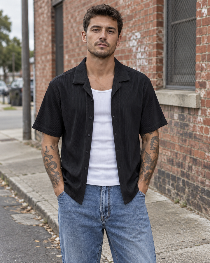 NENA & PASADENA Mens Pleated Short Sleeve Shirt in Jet Black, MENS SHIRTS, NENA PASADENA, Elwood 101