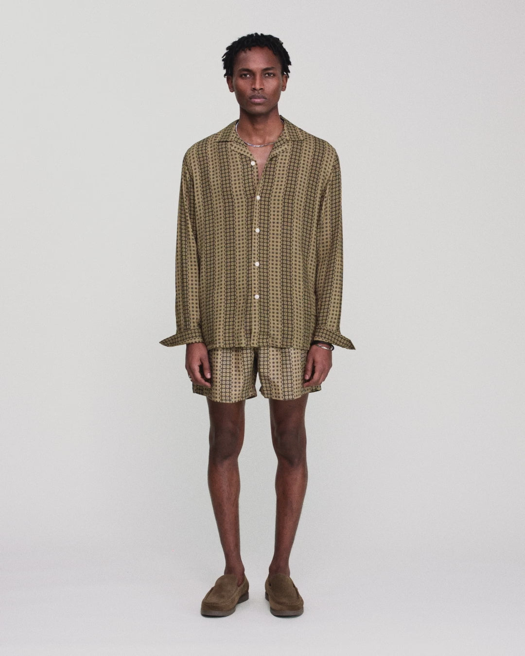 OAS Company Mens Regalia Brillo Viscose Long Sleeve Shirt in Brown & Mustard