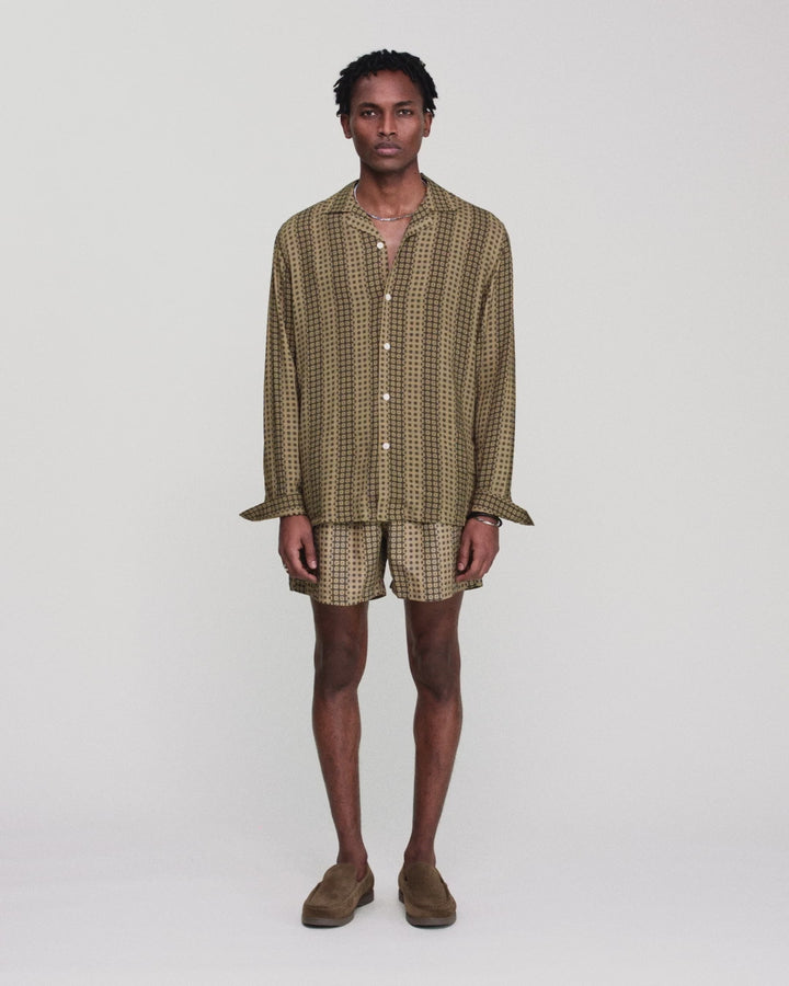 OAS Company Mens Regalia Brillo Viscose Long Sleeve Shirt in Brown & Mustard