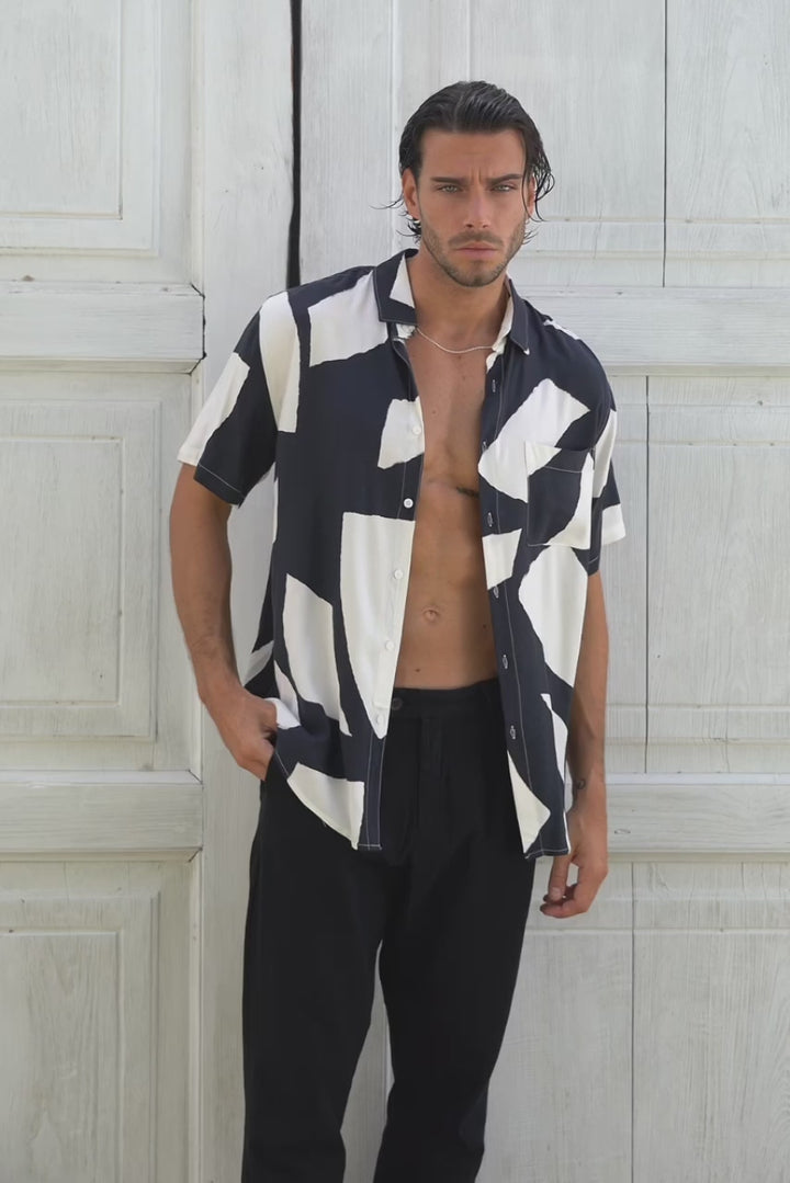 RUNAWAY Mens Lazure Short Sleeve Shirt - Black Stone Print