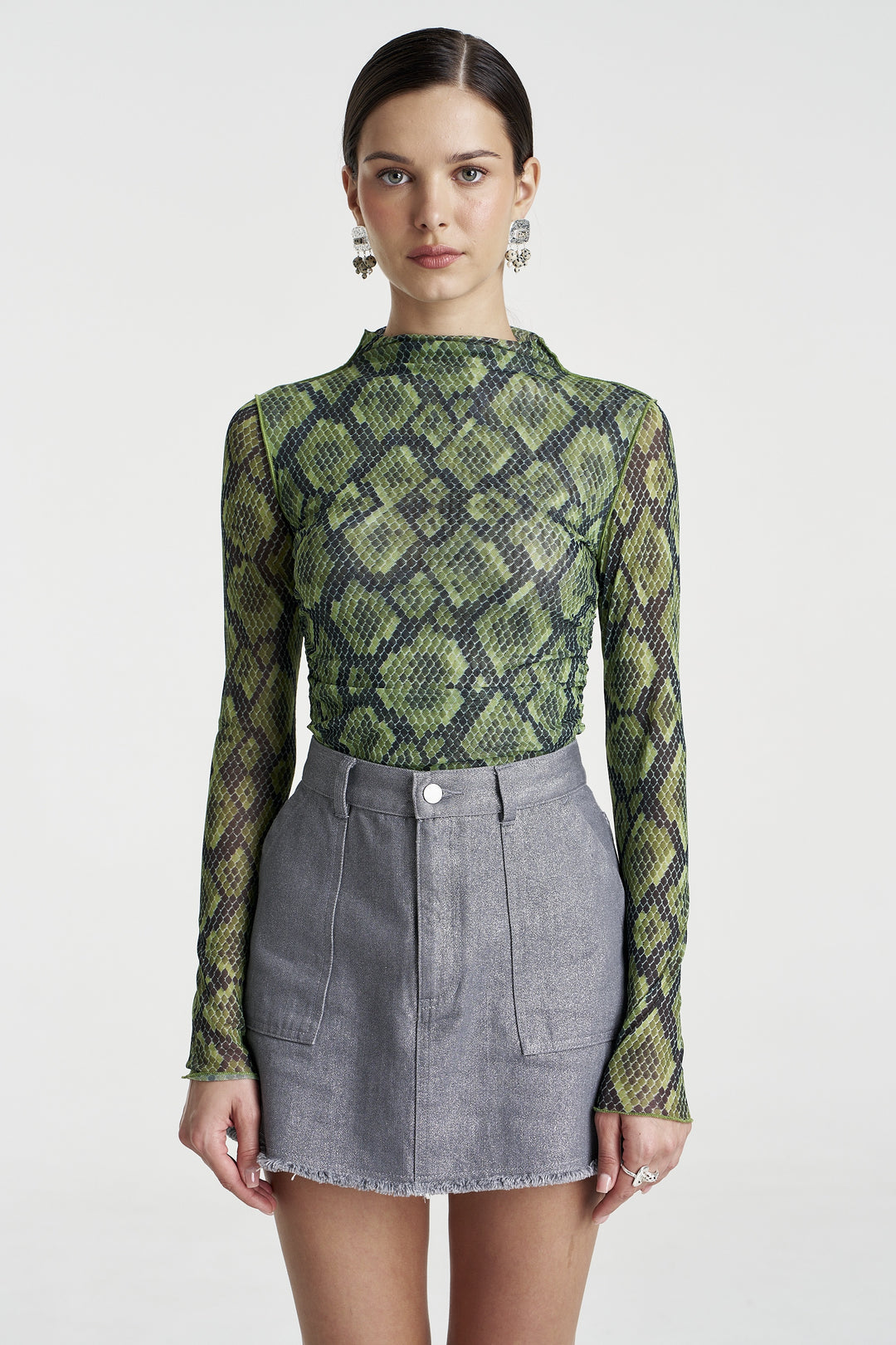 SUMMI SUMMI Womens Mesh Long Sleeve Rouched Skivvy in Viper, WOMENS TOPS & SHIRTS, SUMMI SUMMI, Elwood 101