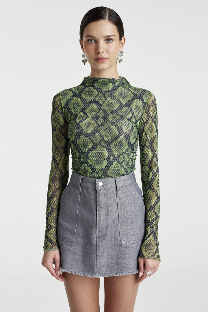 SUMMI SUMMI Womens Mesh Long Sleeve Rouched Skivvy in Viper, WOMENS TOPS & SHIRTS, SUMMI SUMMI, Elwood 101