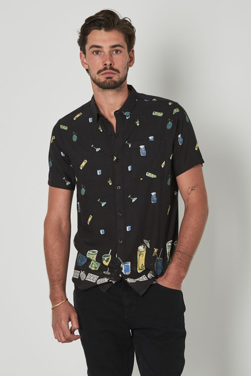 Rollas MENS BON DRINKS ON ME SHORT SLEEVE SHIRT  BLACK, MENS SHIRTS, ROLLAS, Elwood 101