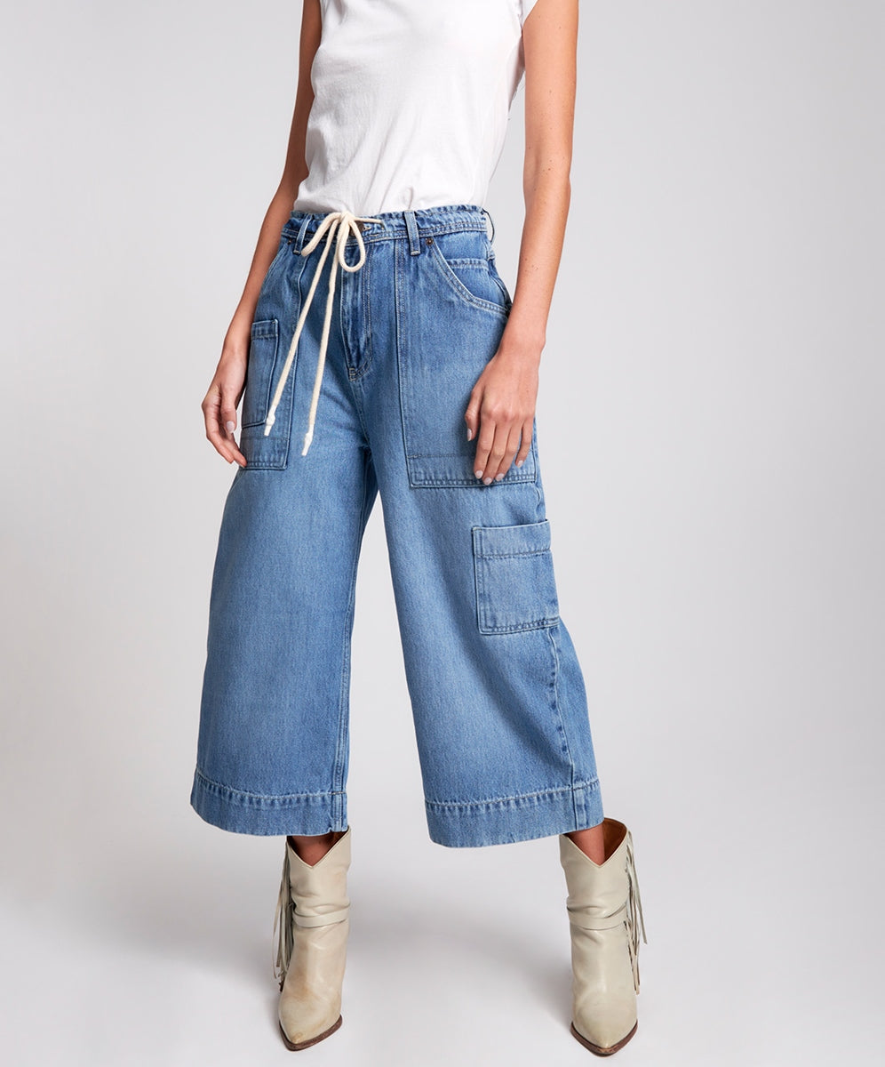 OneTeaspoon WOMENS DELAWARE UTILITY ORGANIC SUSTAINABLE BAD BOYS HIGH WAIST WIDE LEG JEAN - BLUE, WOMENS DENIM, OneTeaspoon, Elwood 101