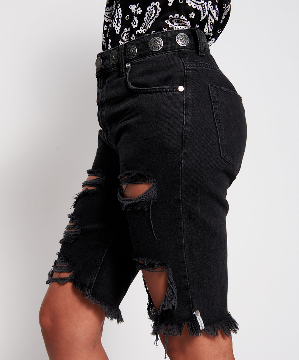 OneTeaspoon WOMENS WORN BLACK CONCHO CUT OFF TRUCKERS MID WAIST RELAX FIT DENIM SHORTS, WOMENS SHORTS, OneTeaspoon, Elwood 101