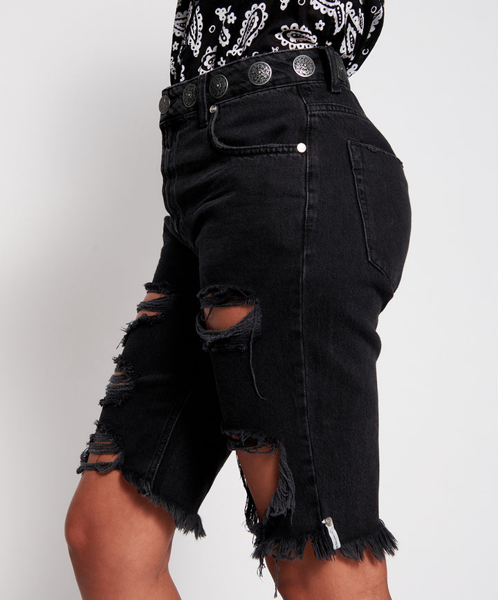 OneTeaspoon WOMENS WORN BLACK CONCHO CUT OFF TRUCKERS MID WAIST RELAX FIT DENIM SHORTS, WOMENS SHORTS, OneTeaspoon, Elwood 101