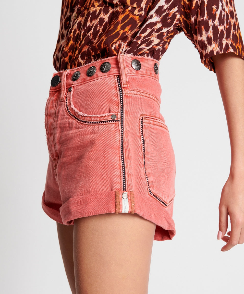 OneTeaspoon WOMENS CORAL STUDDED BANDITS HIGH WAIST DENIM SHORT - CORAL, WOMENS SHORTS, OneTeaspoon, Elwood 101