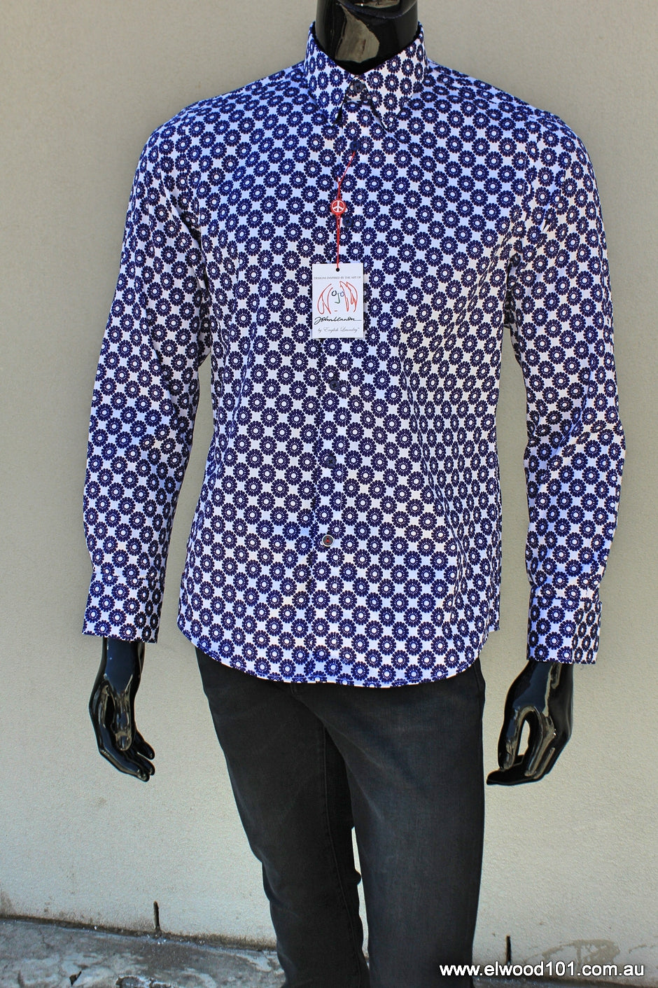John Lennon Mens Croydon Shirt - White & Navy Print, MENS SHIRTS, JOHN LENNON, Elwood 101