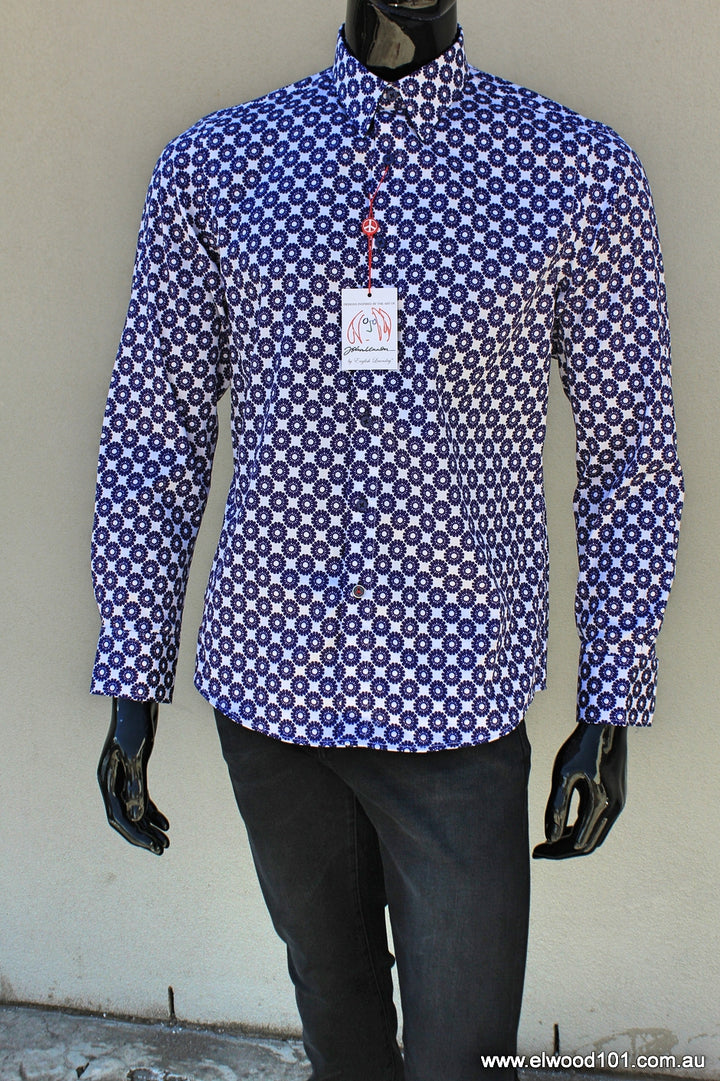John Lennon Mens Croydon Shirt - White & Navy Print, MENS SHIRTS, JOHN LENNON, Elwood 101