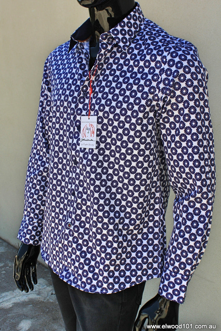 John Lennon Mens Croydon Shirt - White & Navy Print, MENS SHIRTS, JOHN LENNON, Elwood 101