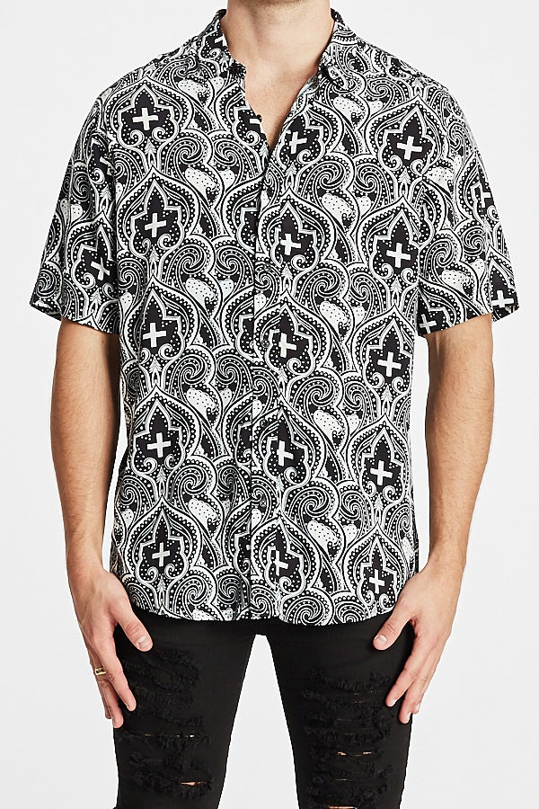 Kiss Chacey MENS CARDINAL RELAXED FIT SHORT SLEEVE SHIRT - BLACK STONE PRINT, MENS SHIRTS, KISS CHACEY, Elwood 101