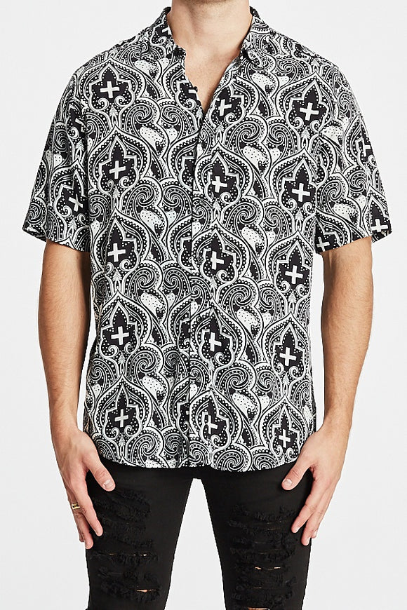 Kiss Chacey MENS CARDINAL RELAXED FIT SHORT SLEEVE SHIRT - BLACK STONE PRINT, MENS SHIRTS, KISS CHACEY, Elwood 101