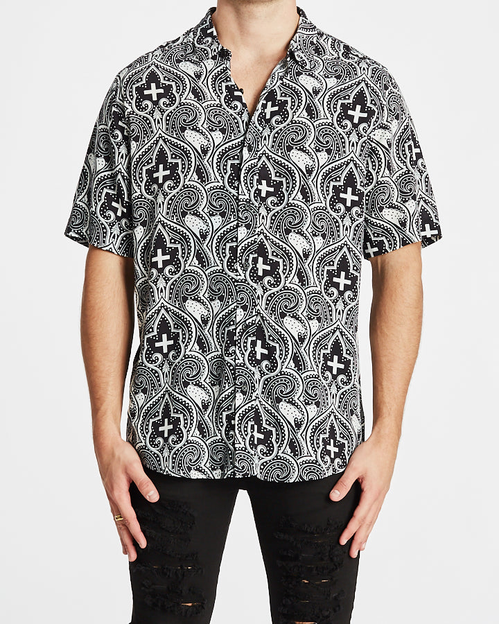 Kiss Chacey MENS CARDINAL RELAXED FIT SHORT SLEEVE SHIRT - BLACK STONE PRINT, MENS SHIRTS, KISS CHACEY, Elwood 101
