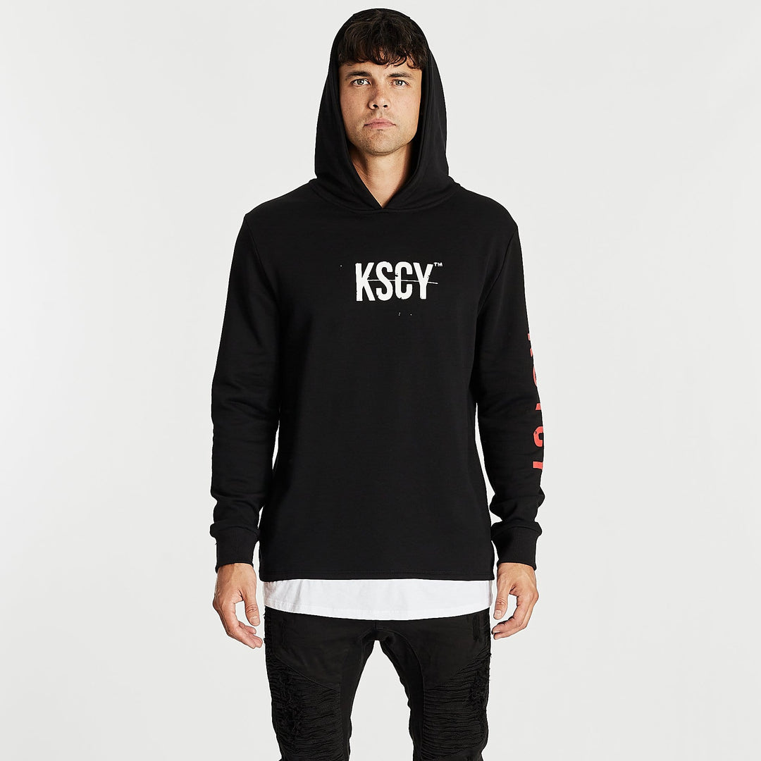 Kiss Chacey MENS LIVE LIFE LAYERED HEM HOODED SWEATER - JET BLACK, MENS HOODIES, KISS CHACEY, Elwood 101