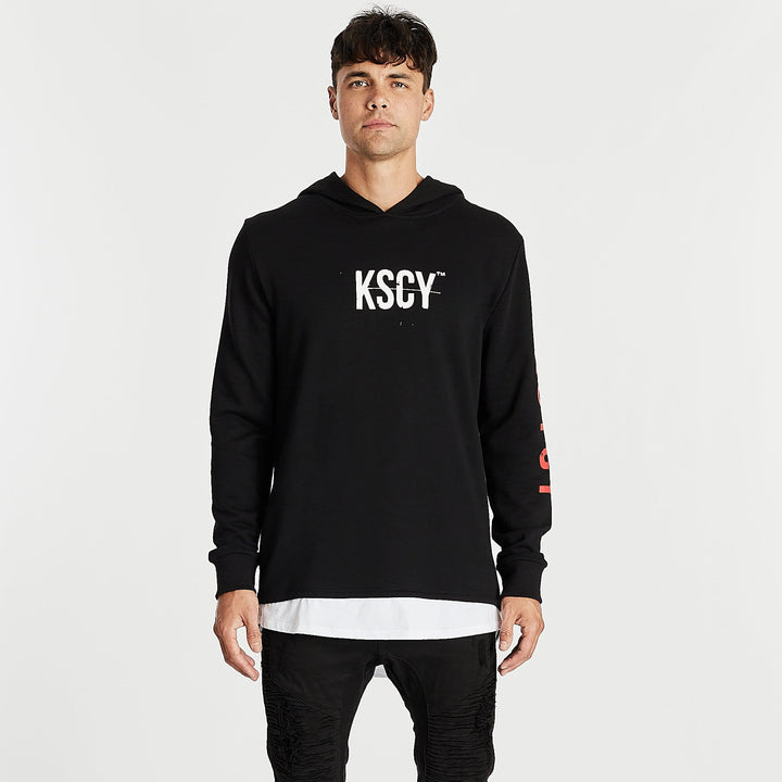 Kiss Chacey MENS LIVE LIFE LAYERED HEM HOODED SWEATER - JET BLACK, MENS HOODIES, KISS CHACEY, Elwood 101