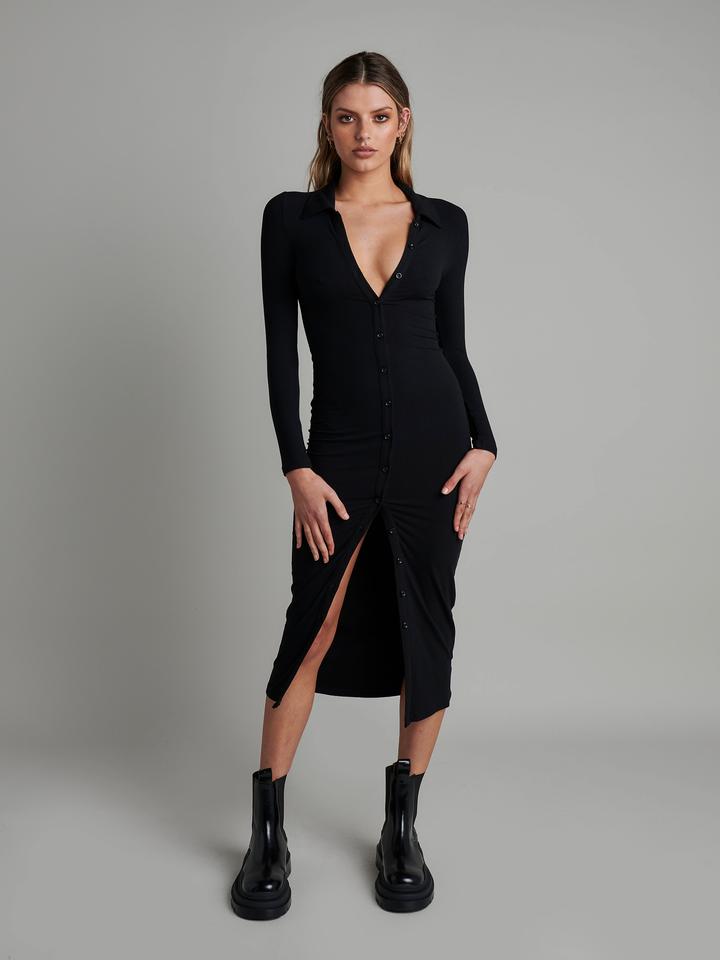 Bayse Brand WOMENS POLO LONG SLEEVE MAXI DRESS  - BLACK, WOMENS DRESSES, BAYSE BRAND, Elwood 101