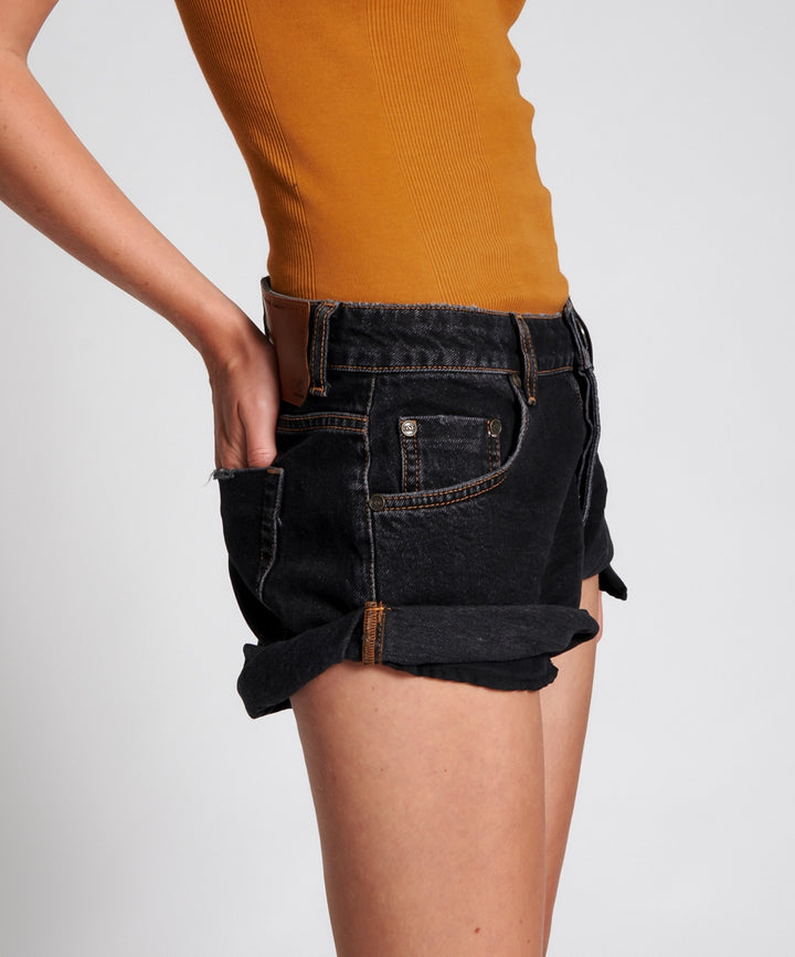 ONE TEASPOON Womens Worn Black Bandits Low Waist Recycled Denim Shorts, WOMENS SHORTS, OneTeaspoon, Elwood 101