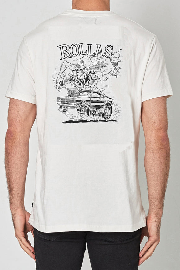 Rollas MENS OLD MATE HOT ROD LOGO TEE -WHITE, MENS TEE SHIRTS, ROLLAS, Elwood 101