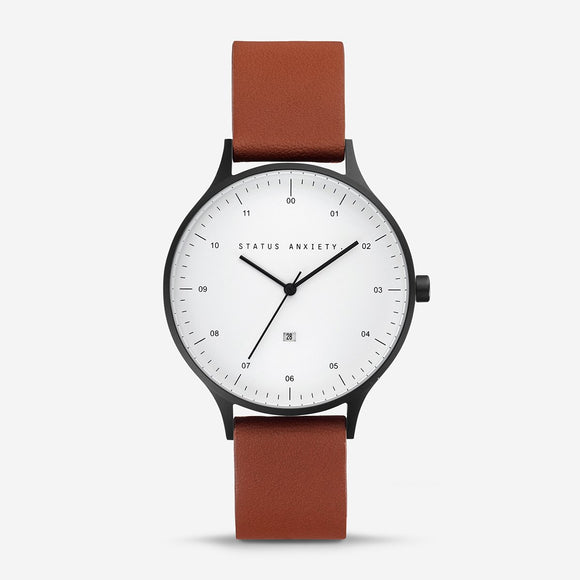 Status Anxiety INERTIA WATCH - BLACK CASE - WHITE FACE - TAN LEATHER STRAP, WATCHES, STATUS ANXIETY, Elwood 101