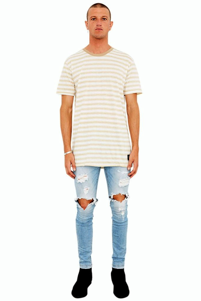 The People Vs MENS 1CM STRIPE TEE BEIGE WHITE, MENS TEE SHIRTS, THE PEOPLE VS, Elwood 101