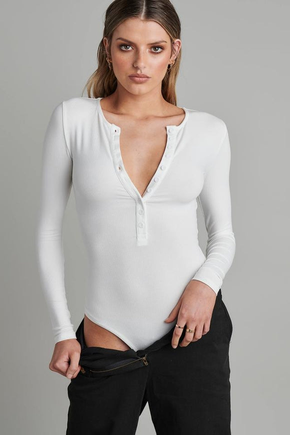 Bayse Brand Womens Lara Long Sleeve Crew Neck Button Down Bodysuit White, WOMENS BODYSUITS, BAYSE BRAND, Elwood 101
