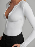 Bayse Brand Womens Lara Long Sleeve Crew Neck Button Down Bodysuit White, WOMENS BODYSUITS, BAYSE BRAND, Elwood 101