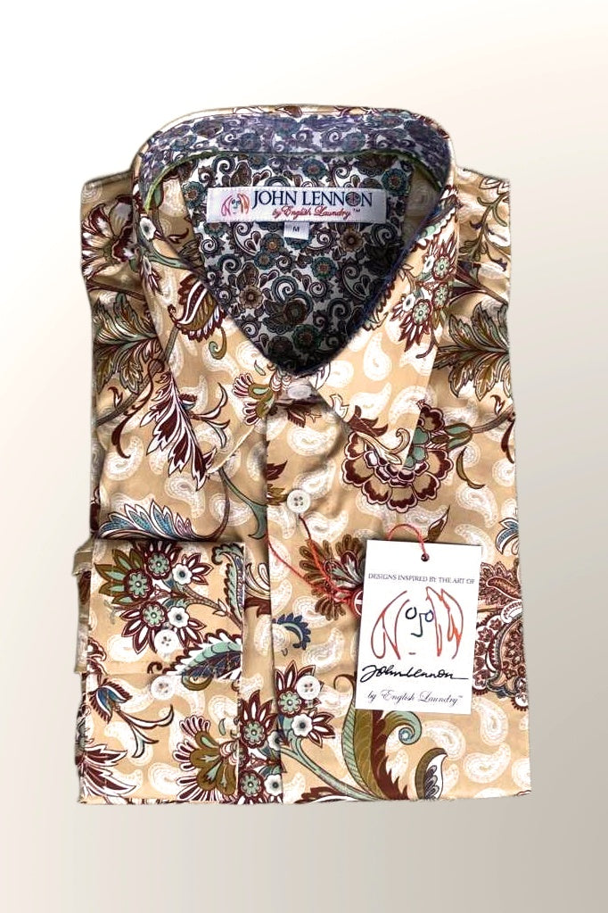 JOHN LENNON Mens Highcliffe Long Sleeve Shirt Latte Paisley, MENS SHIRTS, JOHN LENNON, Elwood 101