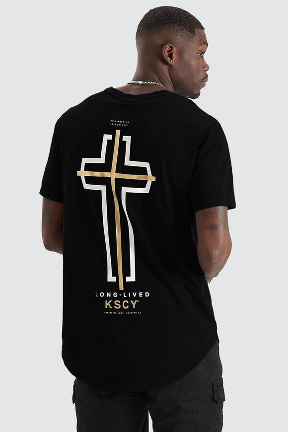 KISS CHACEY Mens Judgement Dual Curved Hem Tee Shirt - Jet Black