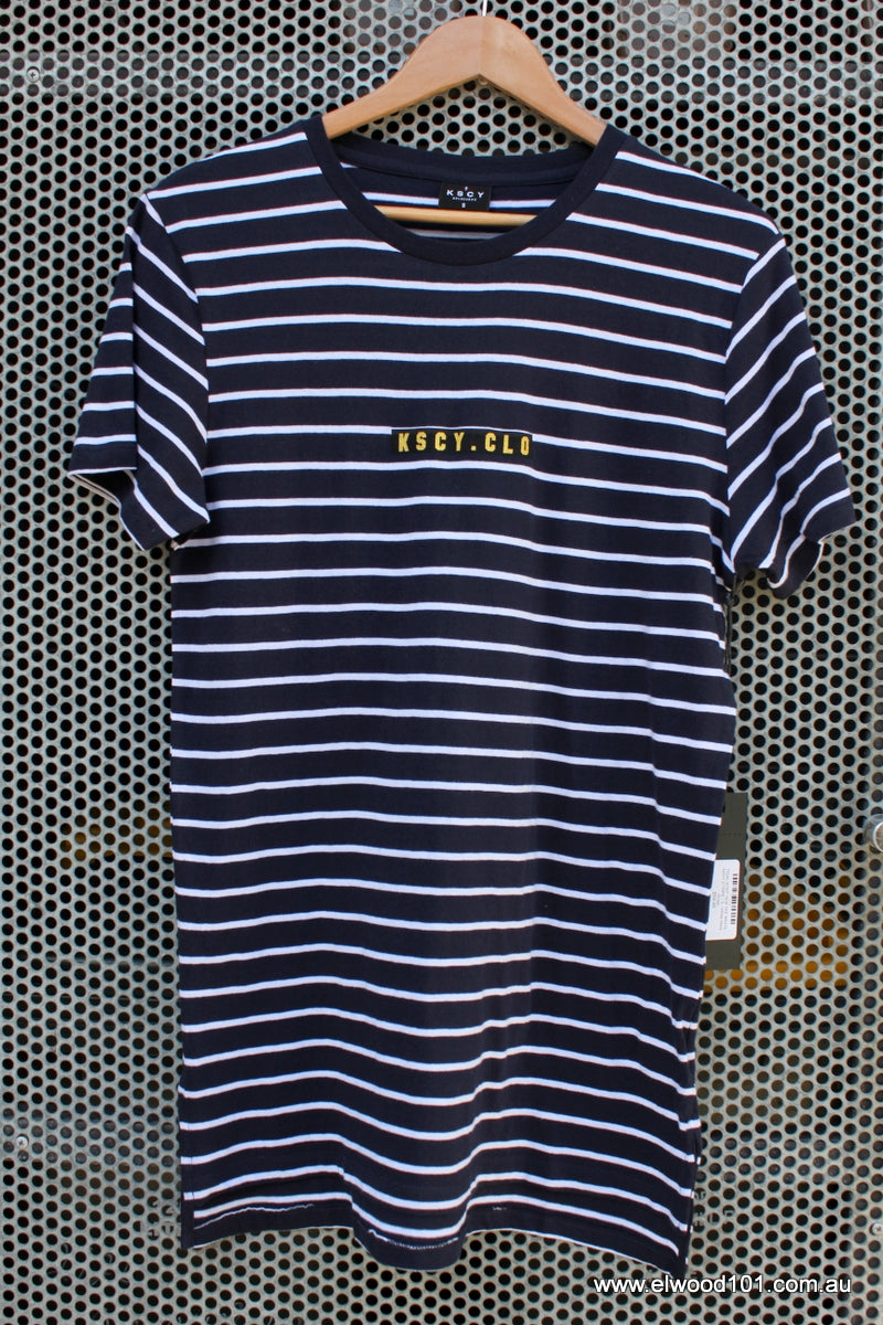 Kiss Chacey TIDAL STEP HEM TEE WHITE NAVY STRIPE, MENS TEE SHIRTS, KISS CHACEY, Elwood 101