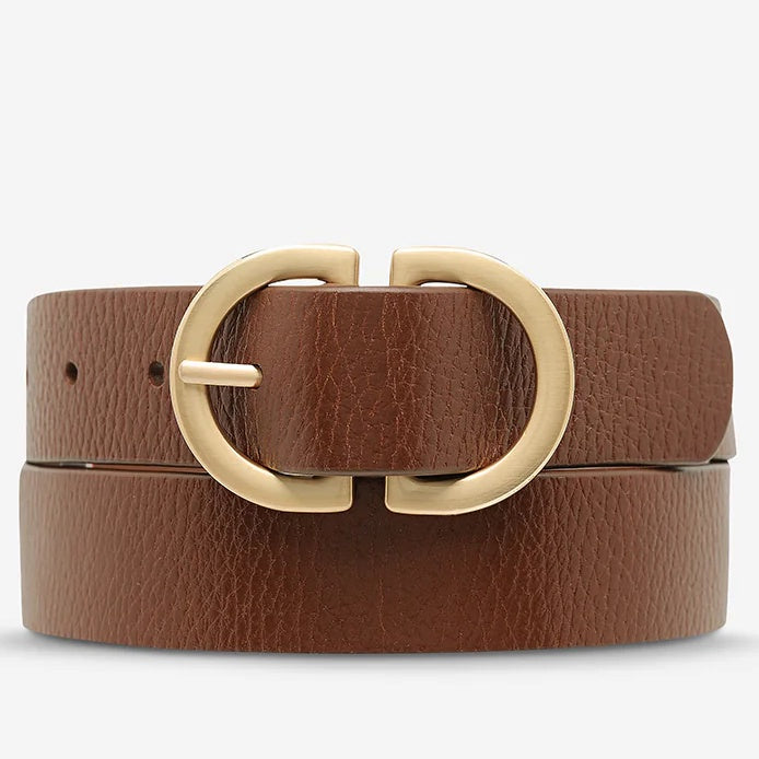 STATUS ANXIETY Womens In Reverse Leather Belt - Tan/Gold, WOMENS BELTS, STATUS ANXIETY, Elwood 101
