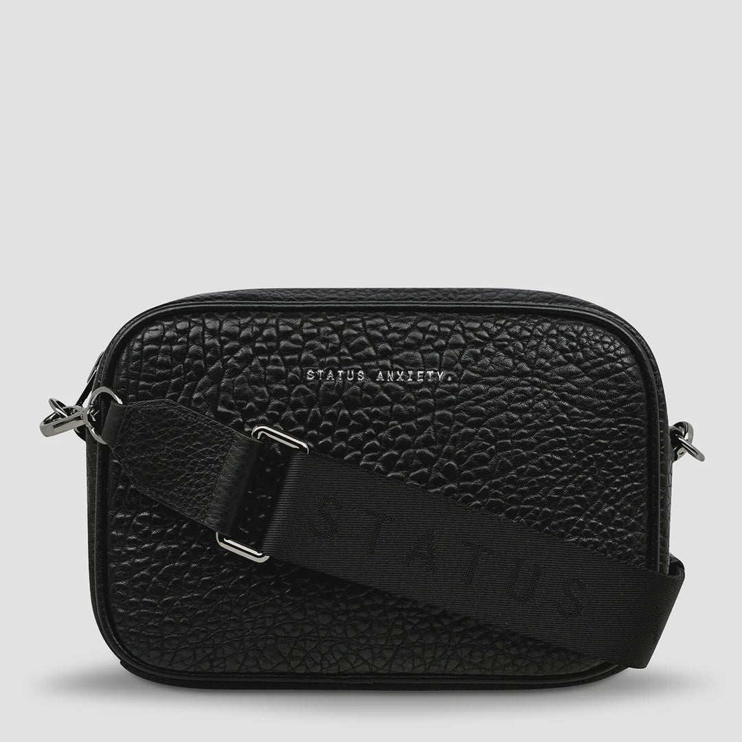 STATUS ANXIETY Womens Plunder Cross Body Leather Bag with Webbed Strap - Black Bubble Leather, WOMENS BAGS & CLUTCHES, STATUS ANXIETY, Elwood 101